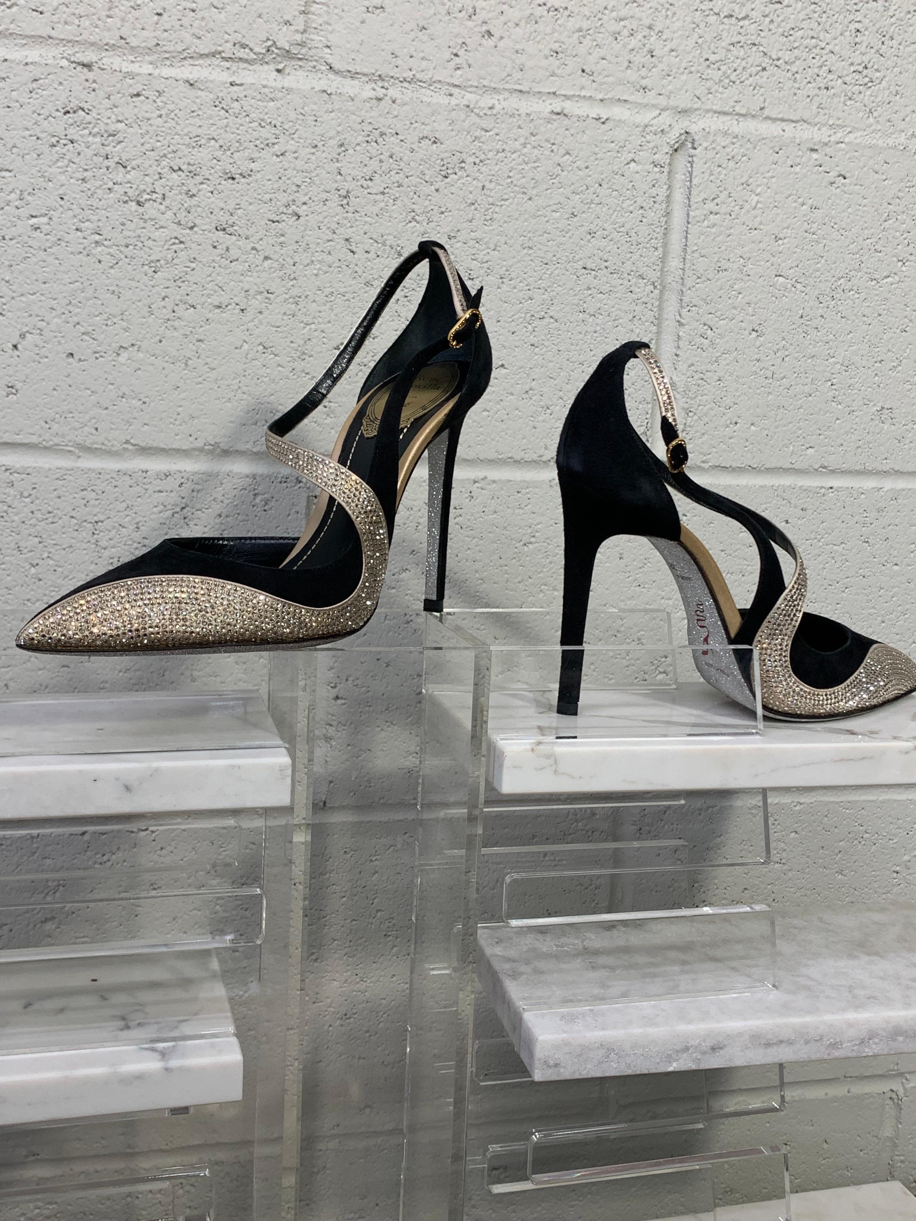 René Caovilla Serpentine Champagne Micro-Crystal and Black Suede Strappy Closed-Toe Pump: High heel, with side buckle closure. New, never worn, with silver sparkle soles. Size 38/8B. Original box included. 