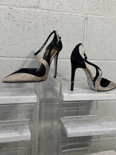 René Caovilla Serpentine Micro-Crystal and Black Suede Strappy Closed-Toe Pump