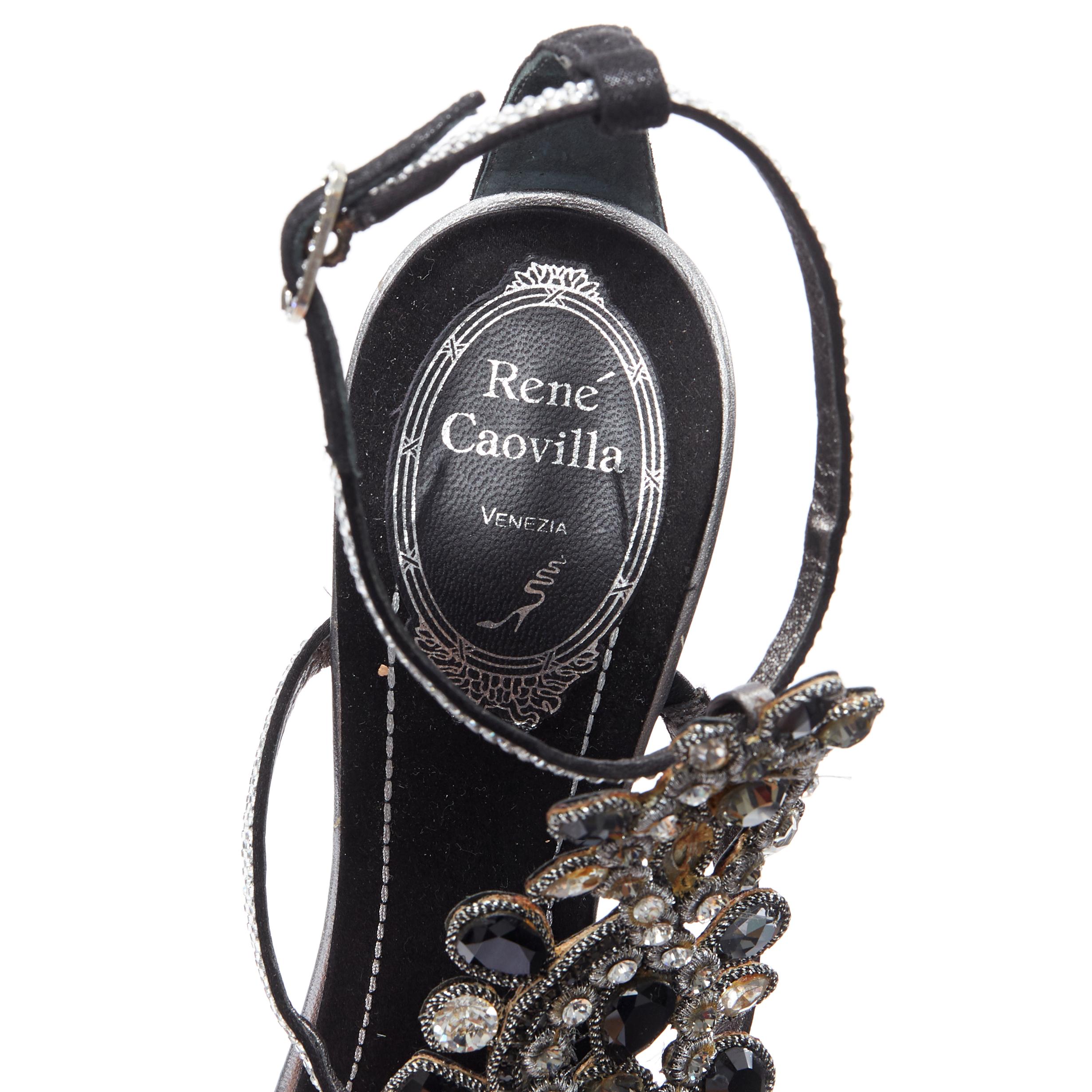 RENE CAOVILLA silver black stone jewel crystal embellished open toe sandals EU37 3