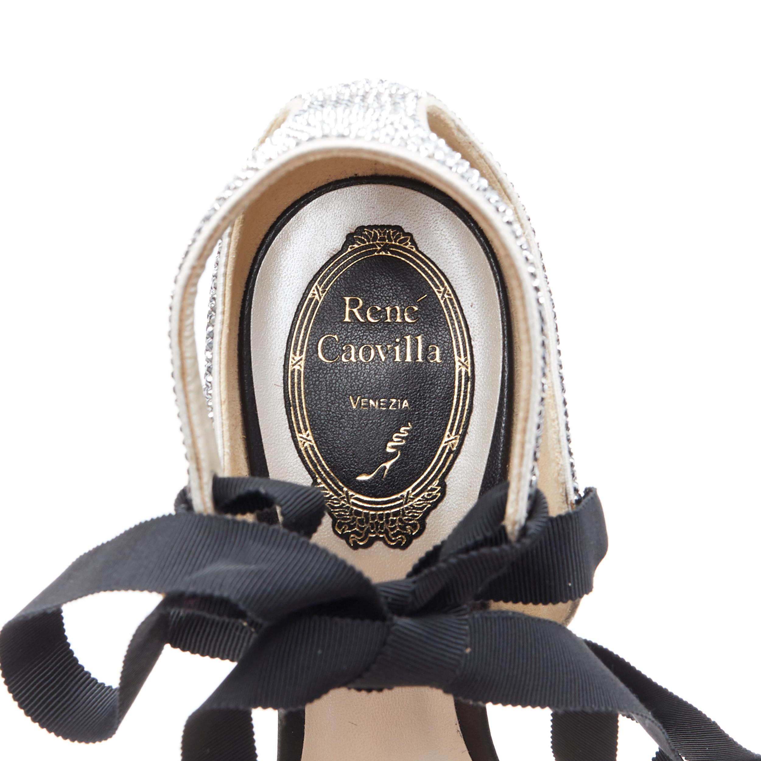 RENE CAOVILLA silver crystal strass embellished black suede ribbon sandal EU37 5