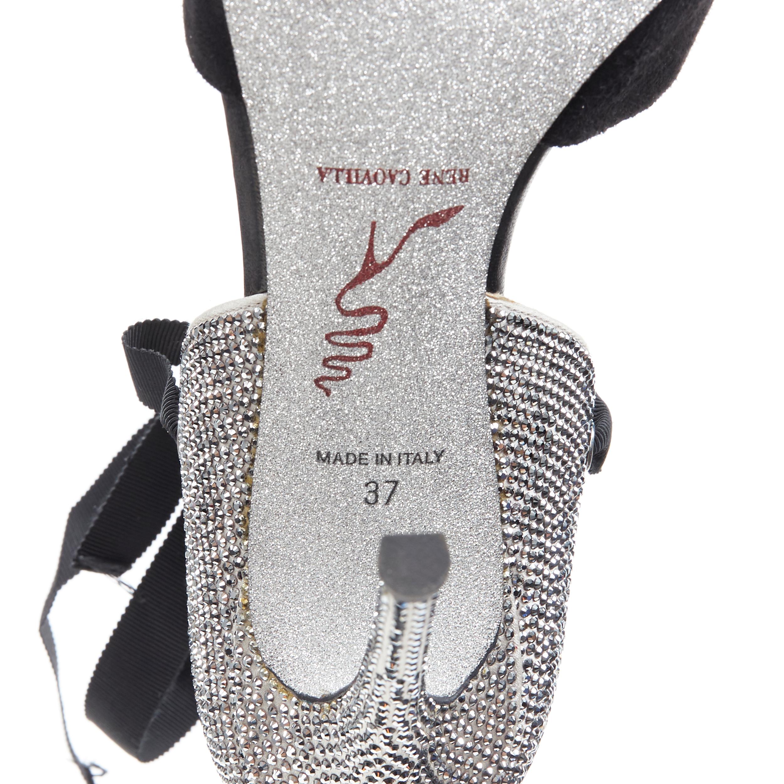 RENE CAOVILLA silver crystal strass embellished black suede ribbon sandal EU37 6