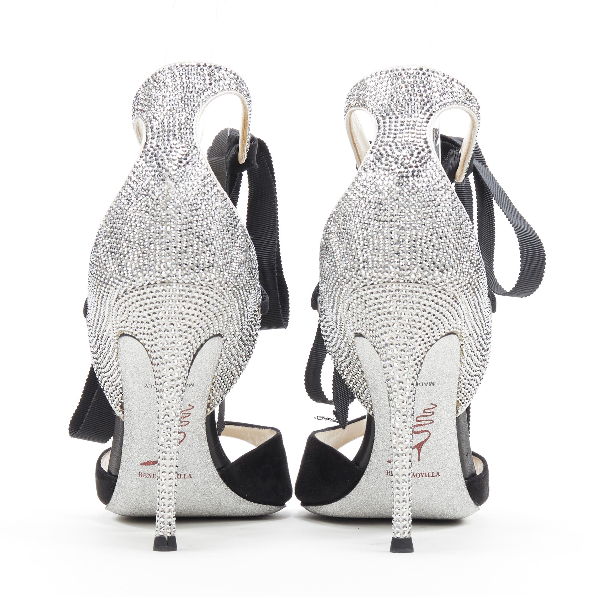 Women's RENE CAOVILLA silver crystal strass embellished black suede ribbon sandal EU37