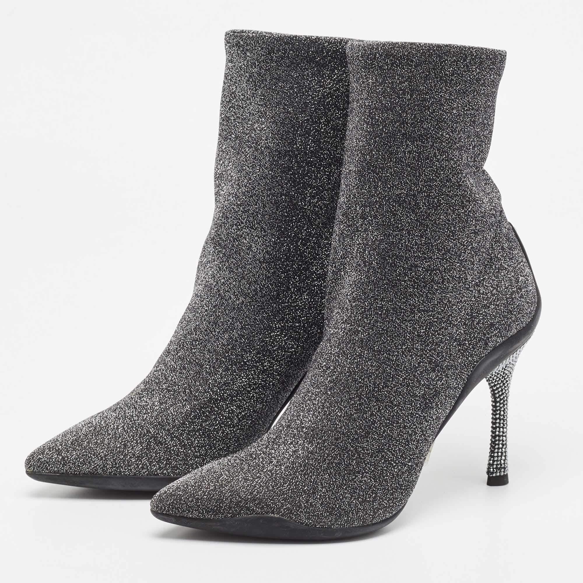 Women's Rene Caovilla Silver Glitter Fabric Ankle Boots Size 37 For Sale