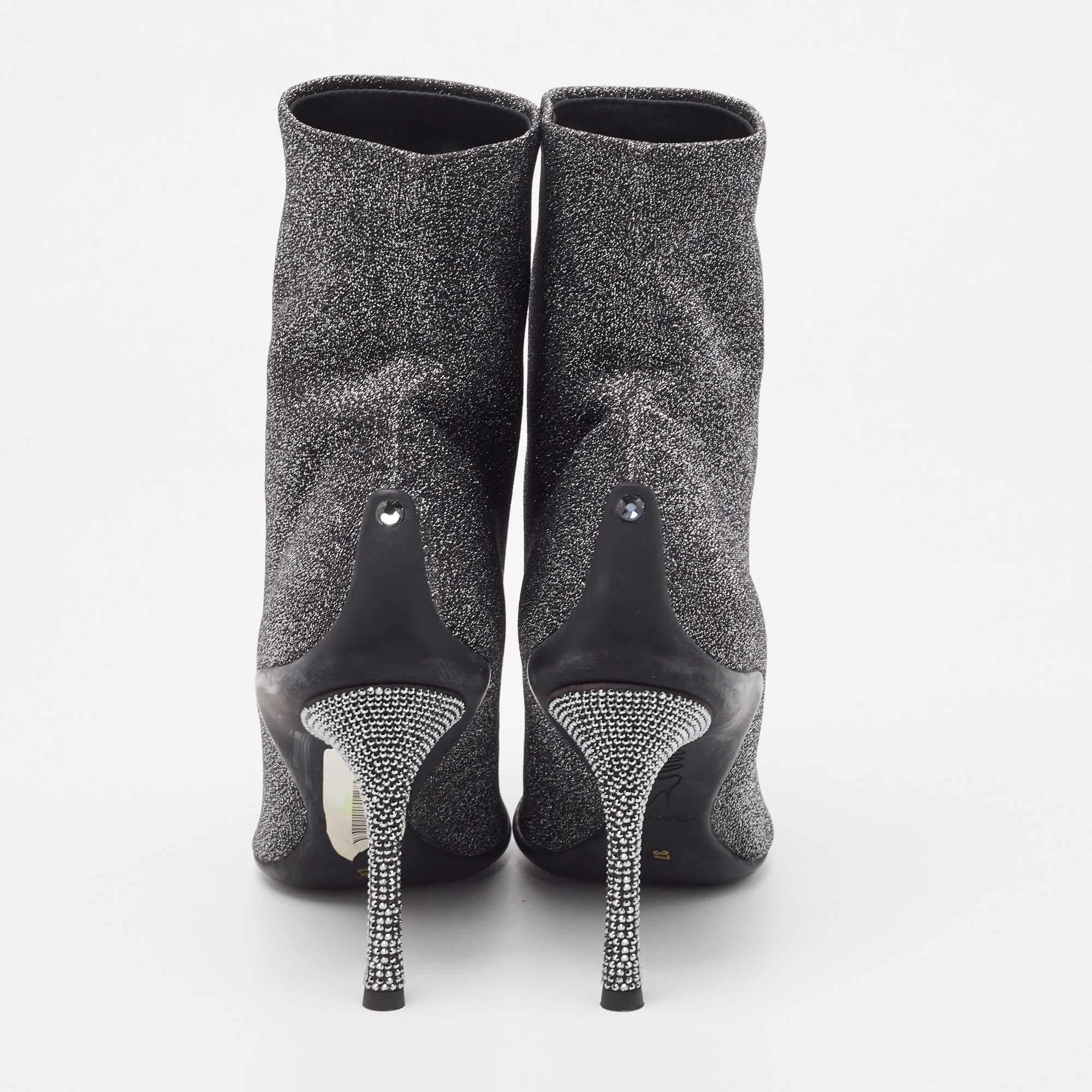 Rene Caovilla Silver Glitter Fabric Ankle Boots Size 37 For Sale 1