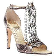 RENE CAOVILLA silver leather crystal fringe embellished high heel sandals EU35