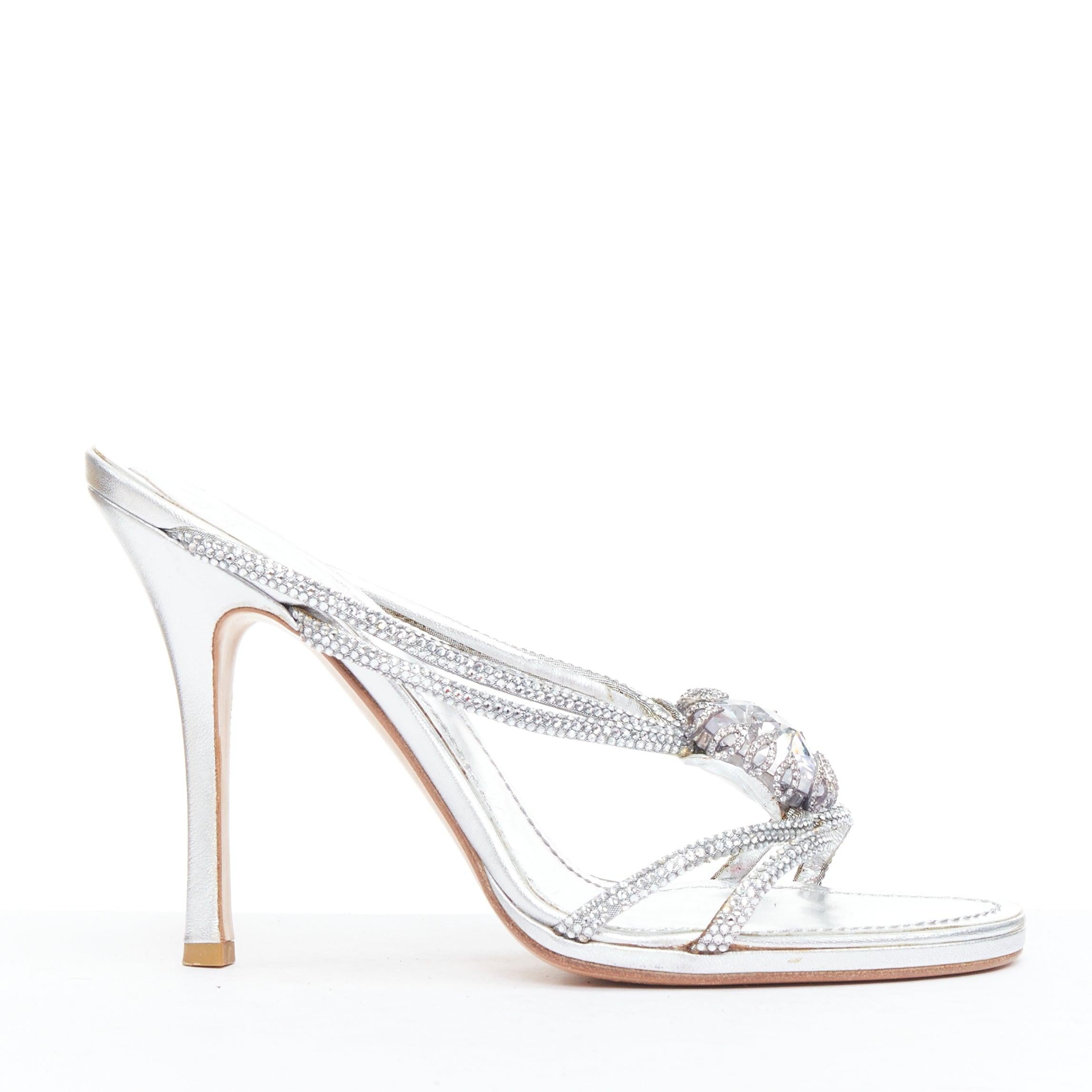Silver RENE CAOVILLA silver leather rhinestone crystal heel sandal EU37.5