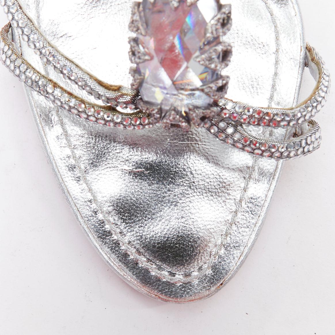 RENE CAOVILLA silver leather rhinestone crystal heel sandal EU37.5 2