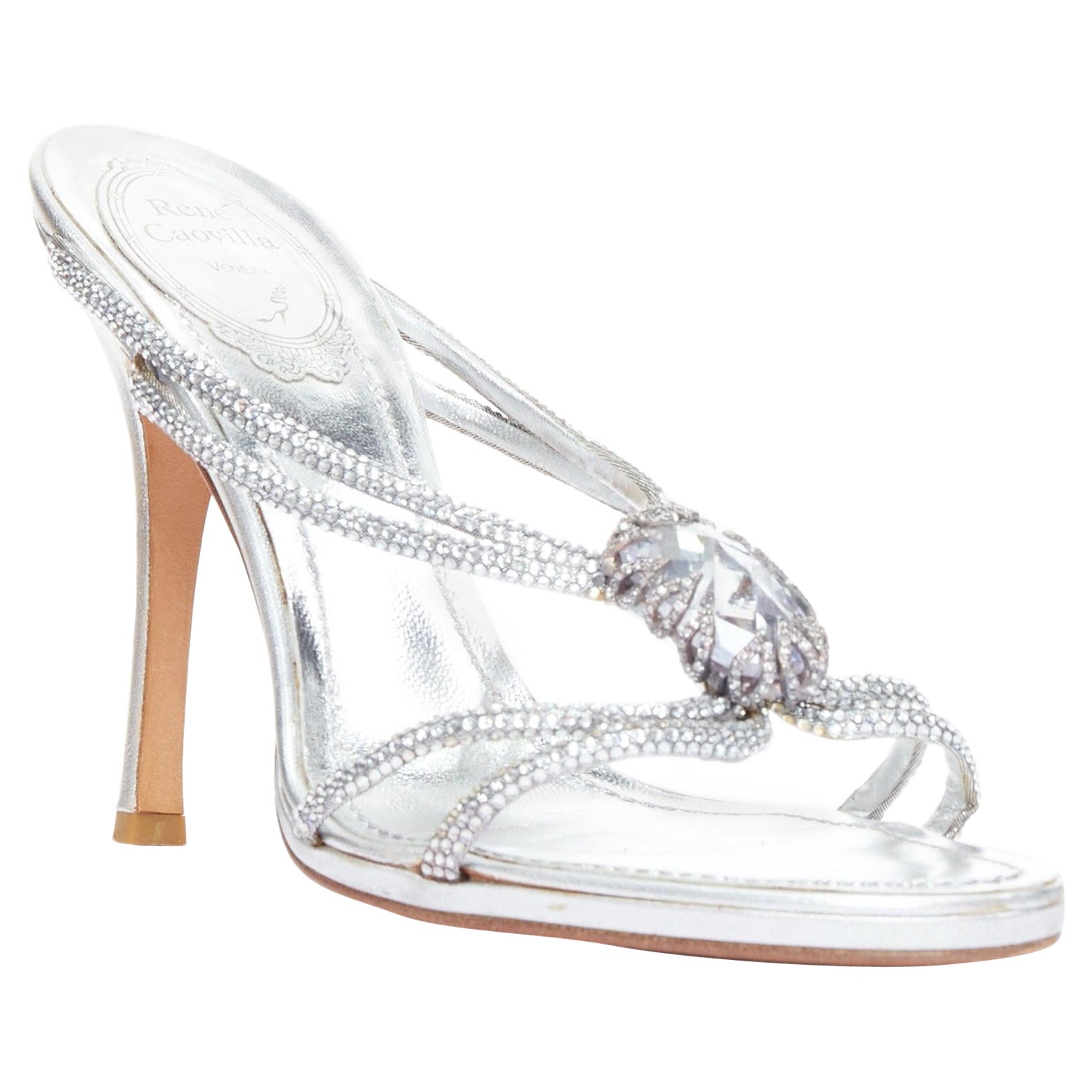 RENE CAOVILLA silver leather rhinestone crystal heel sandal EU37.5