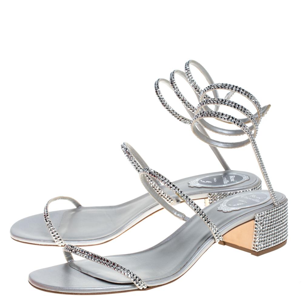 Rene Caovilla Silver Satin and Leather Cleo Crystal Embellished Sandals Size 40 In Good Condition In Dubai, Al Qouz 2