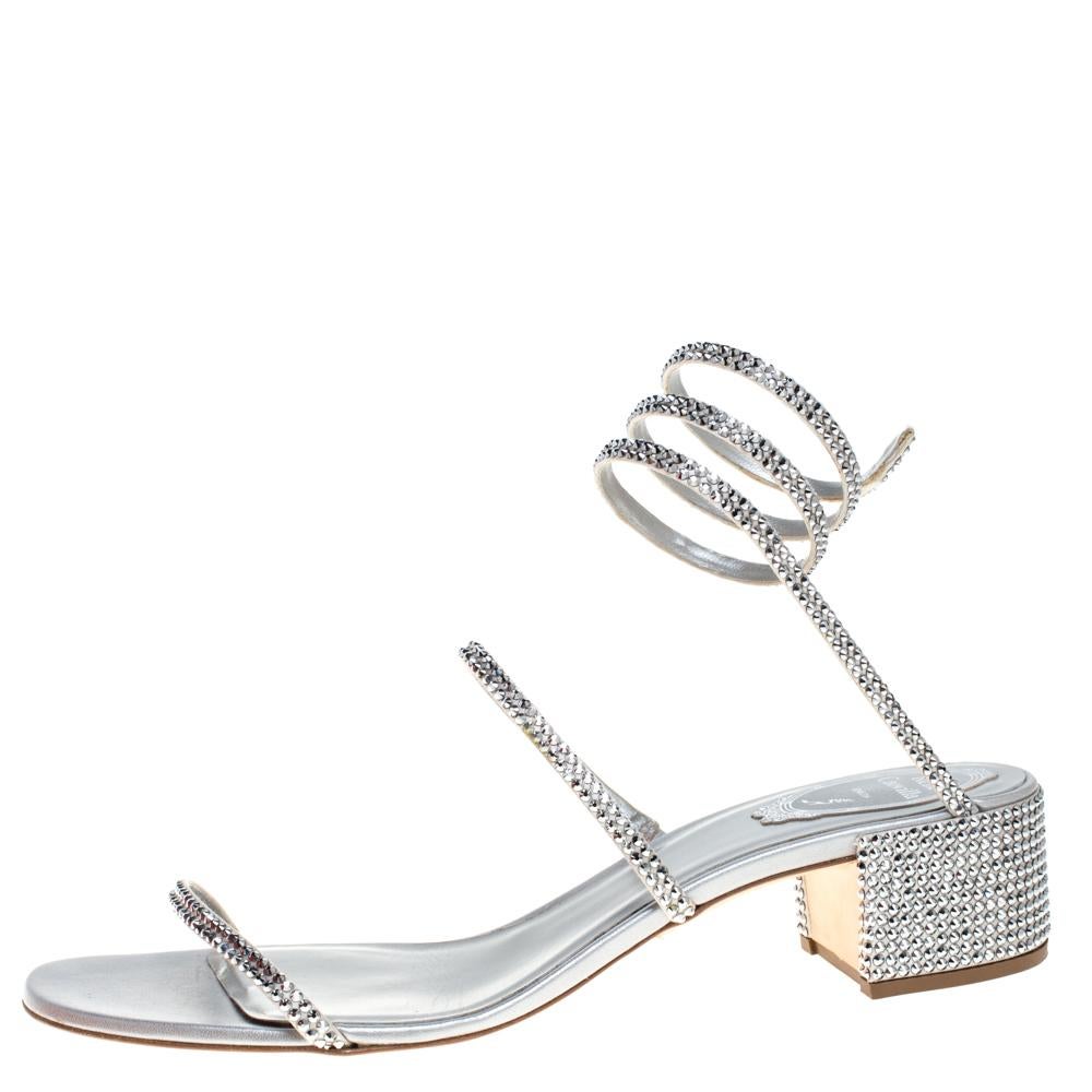 Rene Caovilla Silver Satin and Leather Cleo Crystal Embellished Sandals Size 40 1