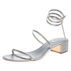 Rene Caovilla Silver Satin and Leather Cleo Crystal Embellished Sandals Size 40