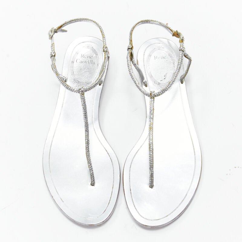 Silver RENE CAOVILLA silver strass rhinestone T-strap flat thong sandals EU36 For Sale