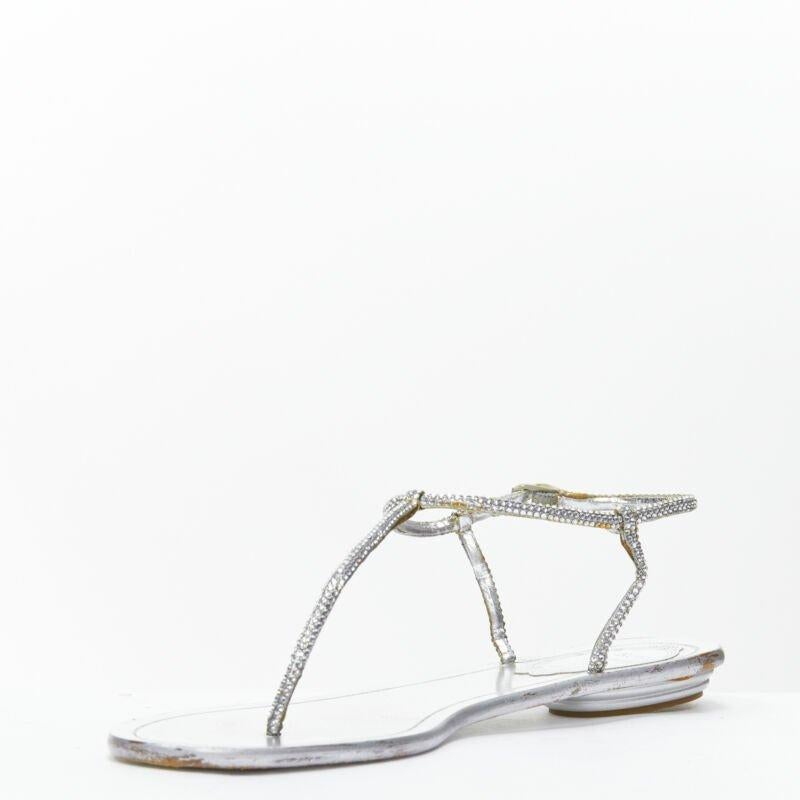RENE CAOVILLA silver strass rhinestone T-strap flat thong sandals EU36 In Good Condition For Sale In Hong Kong, NT