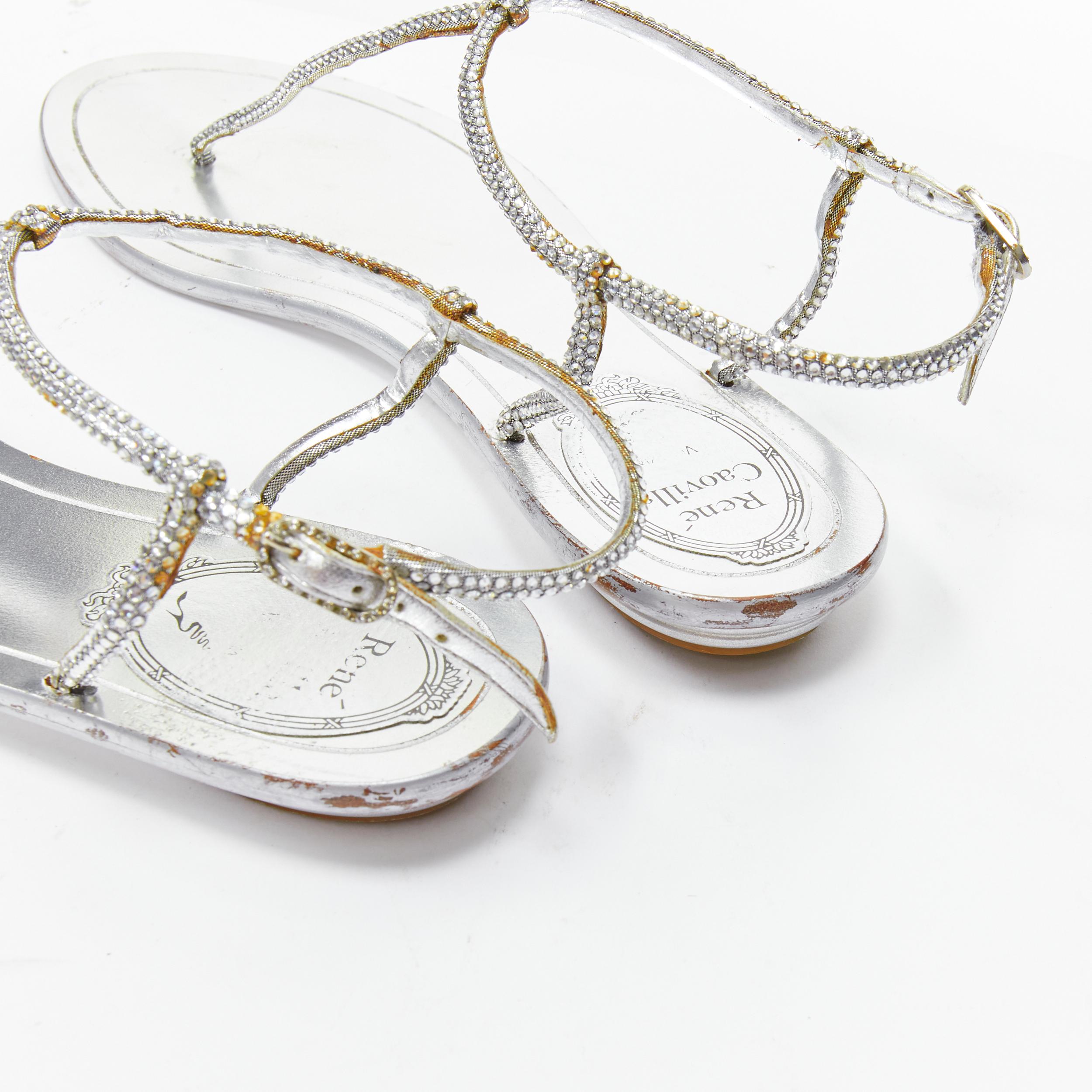RENE CAOVILLA silver strass rhinestone T-strap flat thong sandals EU36 In Good Condition In Hong Kong, NT