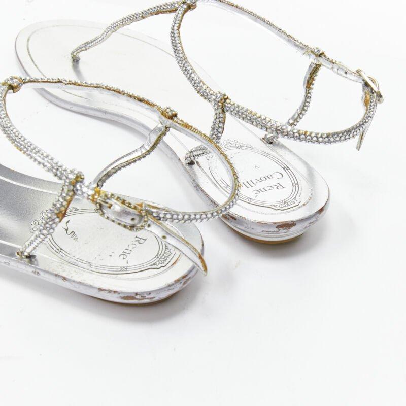 RENE CAOVILLA silver strass rhinestone T-strap flat thong sandals EU36 For Sale 2