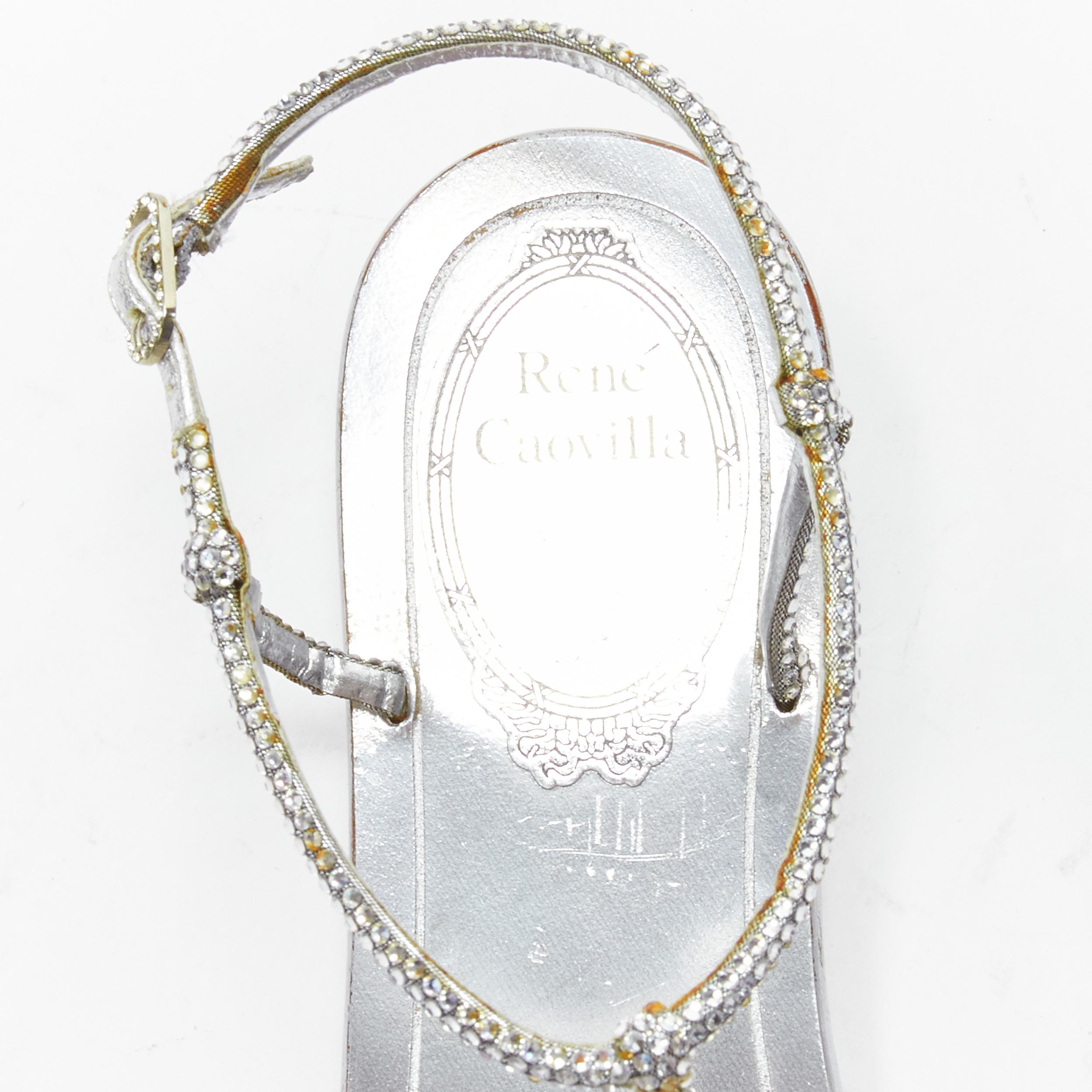 Women's RENE CAOVILLA silver strass rhinestone T-strap flat thong sandals EU36