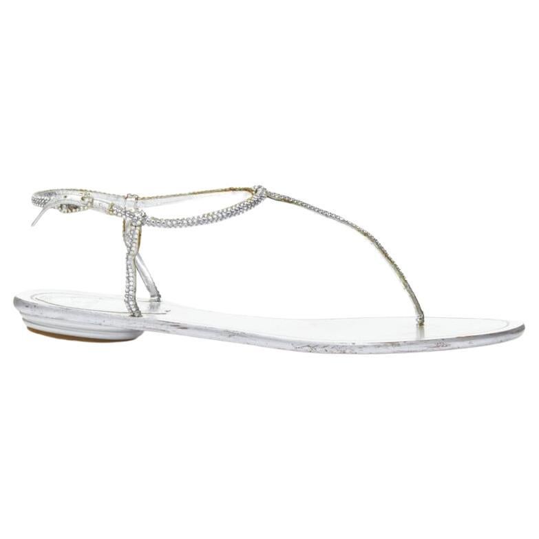 RENE CAOVILLA silver strass rhinestone T-strap flat thong sandals EU36