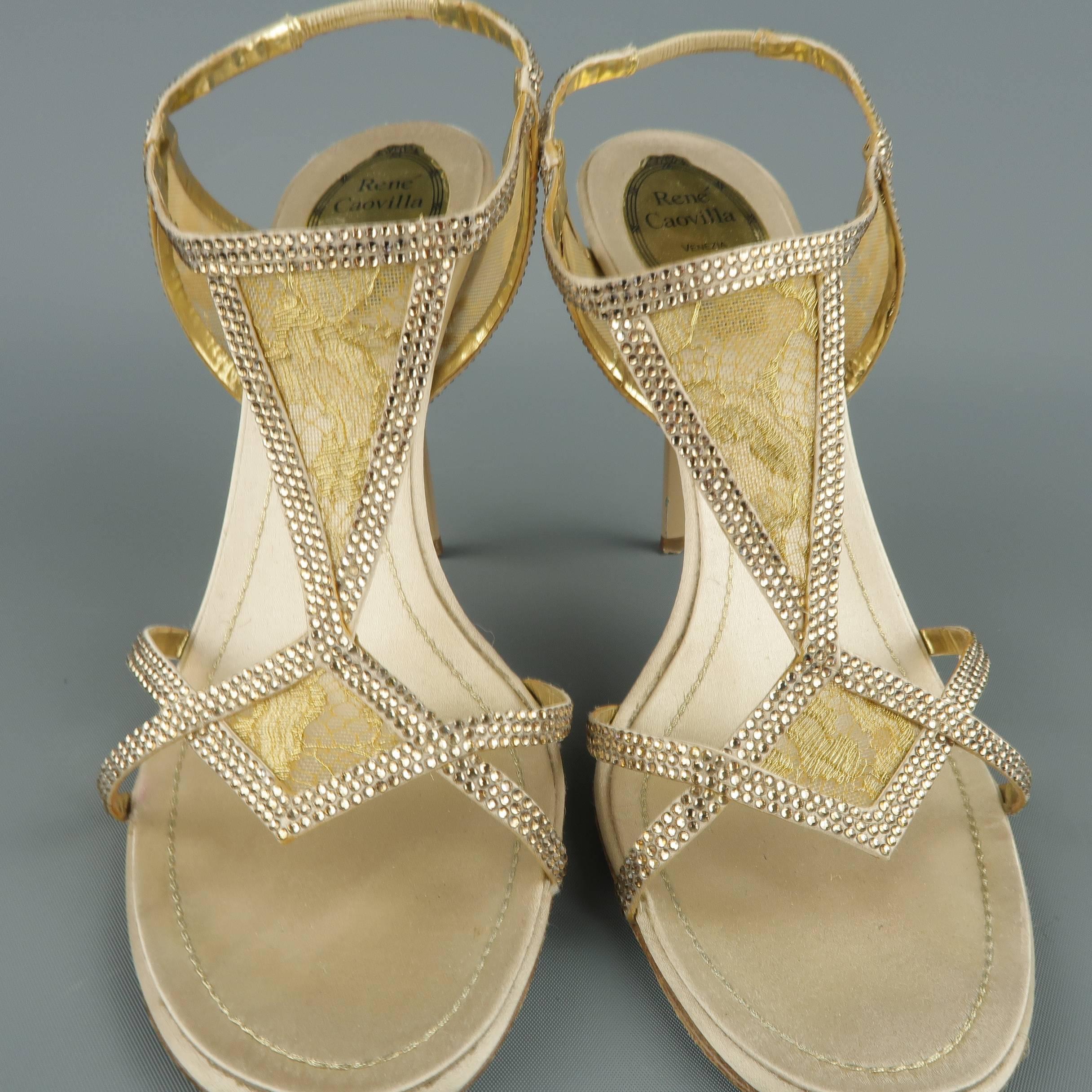 RENE CAOVILLA Size 10 Beige Rhinestone Leather & Gold Lace Sandals 2
