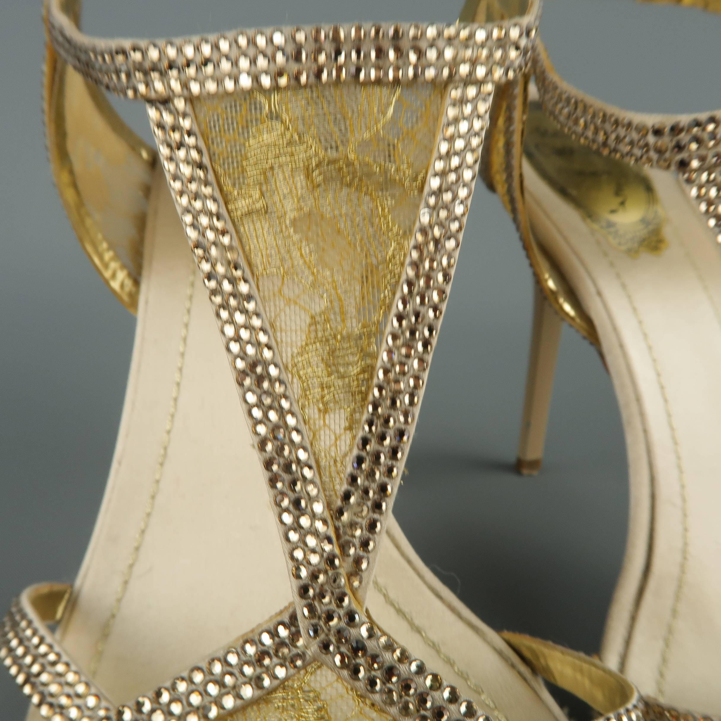 RENE CAOVILLA Size 10 Beige Rhinestone Leather & Gold Lace Sandals 3