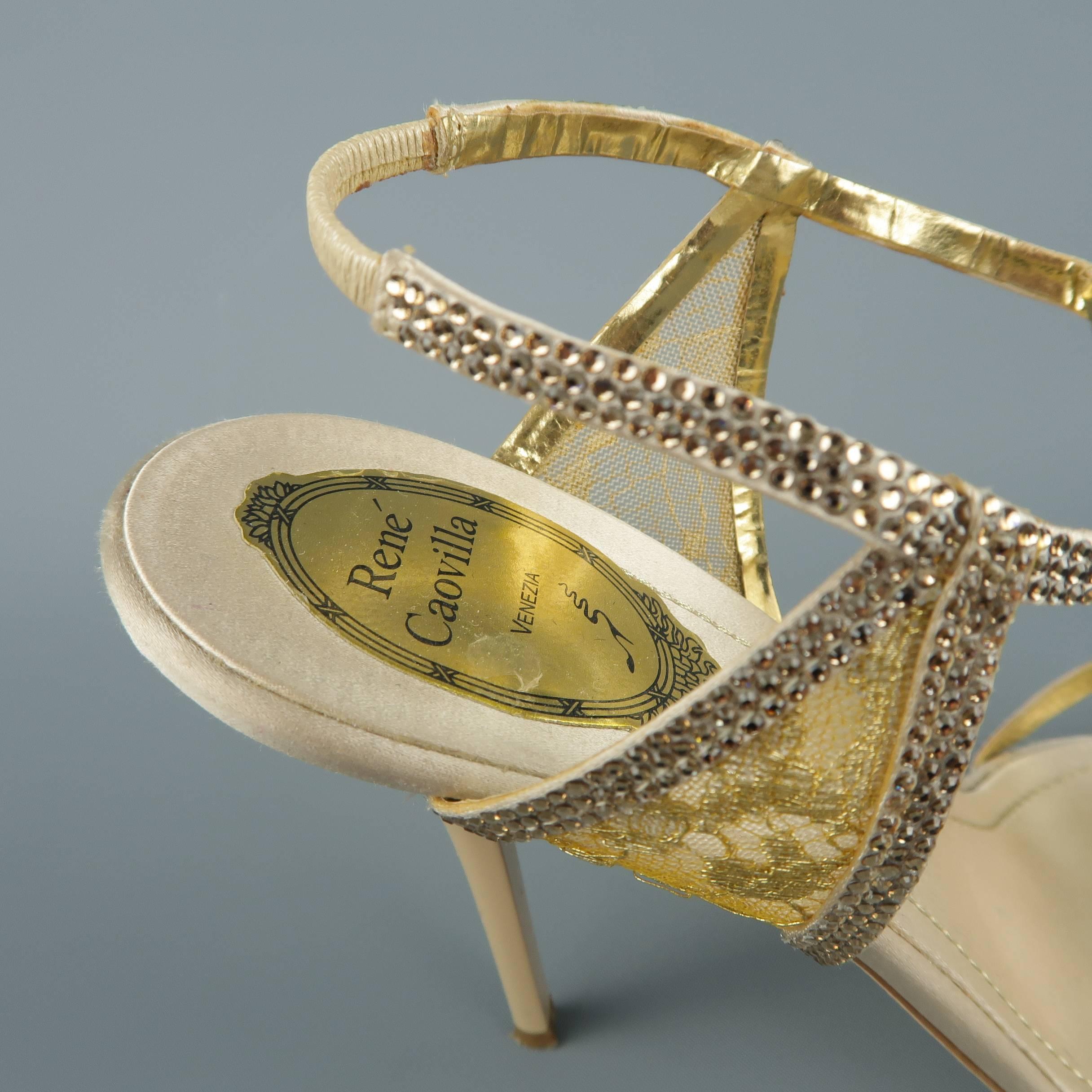 RENE CAOVILLA Size 10 Beige Rhinestone Leather & Gold Lace Sandals 4