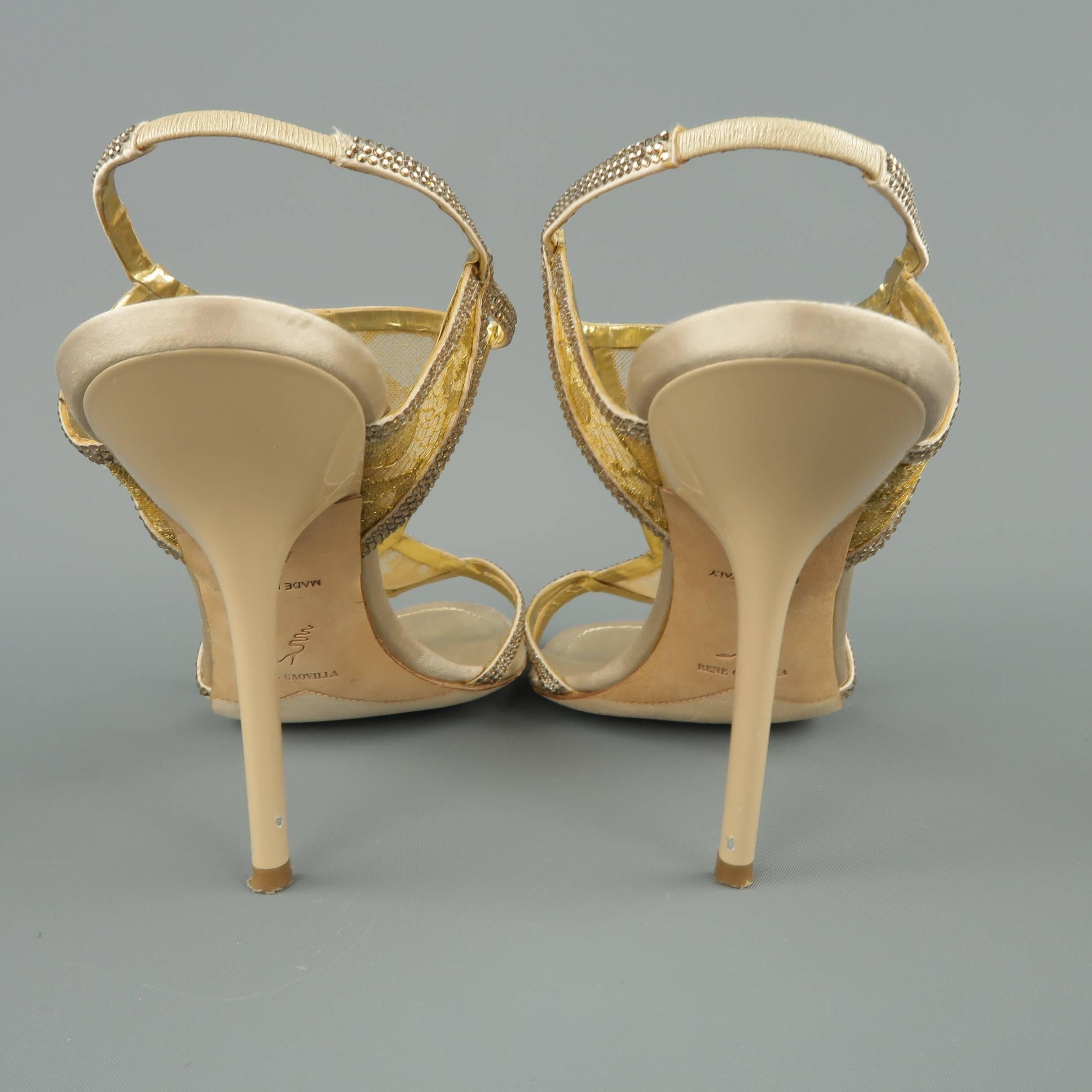 RENE CAOVILLA Size 10 Beige Rhinestone Leather & Gold Lace Sandals 5