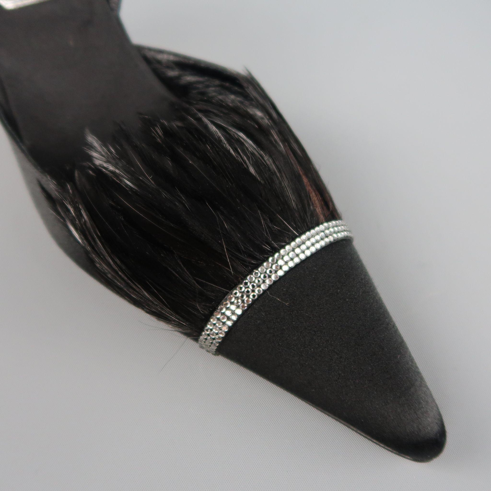 Women's RENE CAOVILLA Size 10 Black Silk Feather & Rhinestone Pointed Slingback Pumps