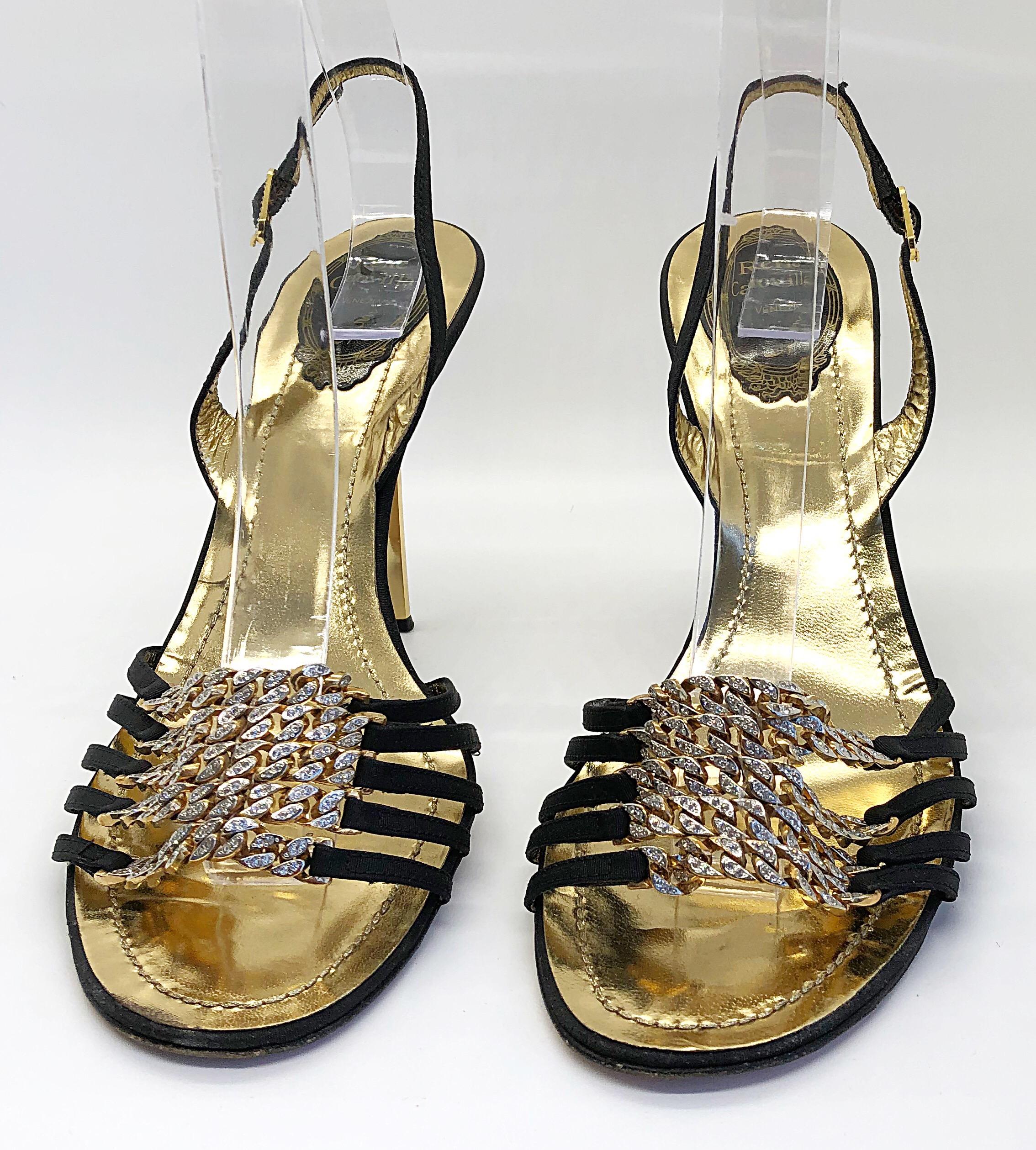 Beige Rene Caovilla Size 38.5 / 8.5 Black + Gold Rhinestone Strappy High Heels Shoes