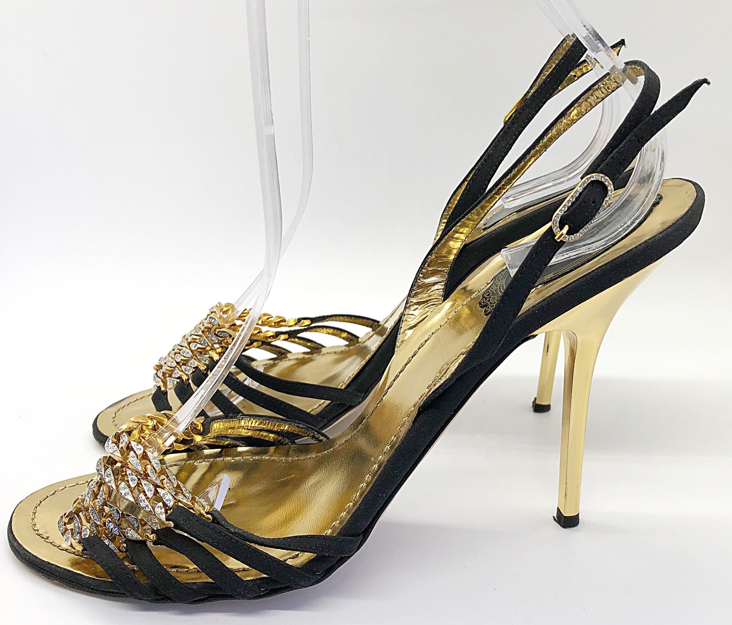 Rene Caovilla Size 38.5 / 8.5 Black + Gold Rhinestone Strappy High Heels Shoes In Good Condition In San Diego, CA
