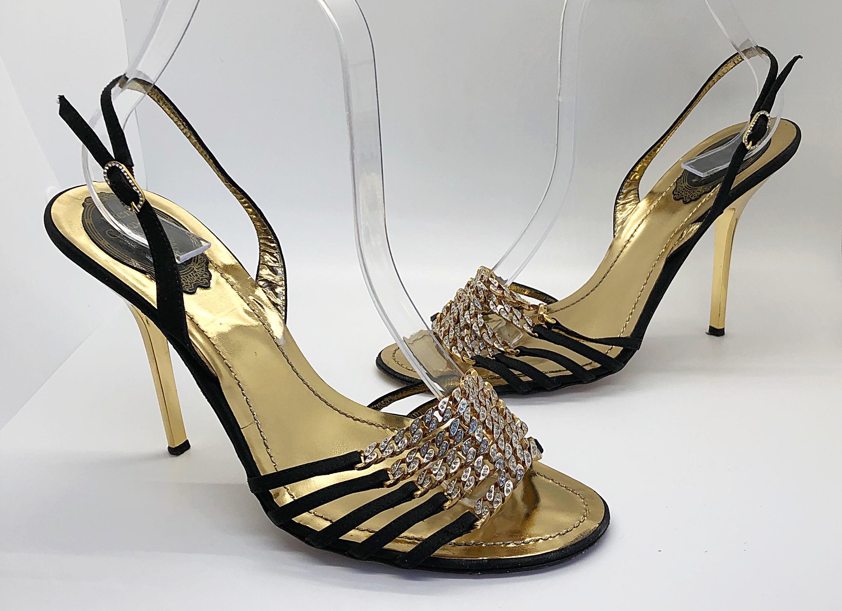 Women's Rene Caovilla Size 38.5 / 8.5 Black + Gold Rhinestone Strappy High Heels Shoes