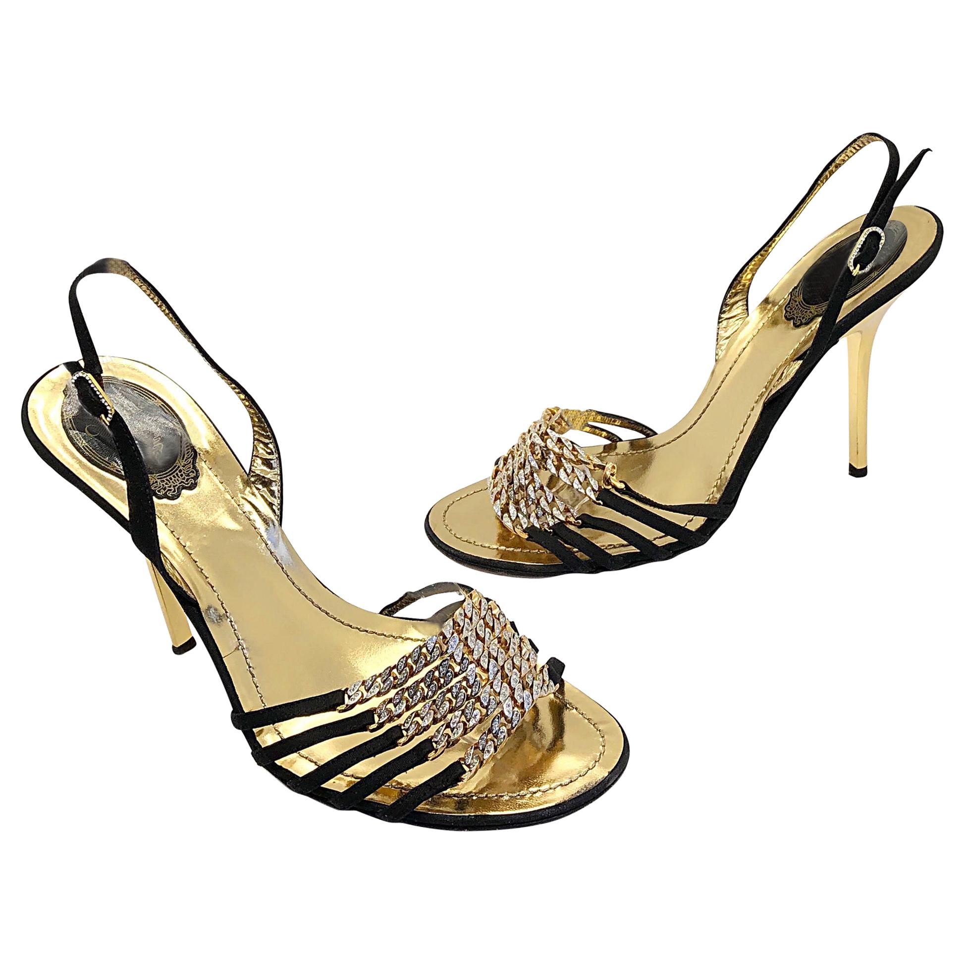 Rene Caovilla Size 38.5 / 8.5 Black + Gold Rhinestone Strappy High Heels Shoes