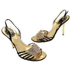 Rene Caovilla Größe 38,5 / 8,5 Schwarz + Gold Strass Riemchen High Heels Schuhe