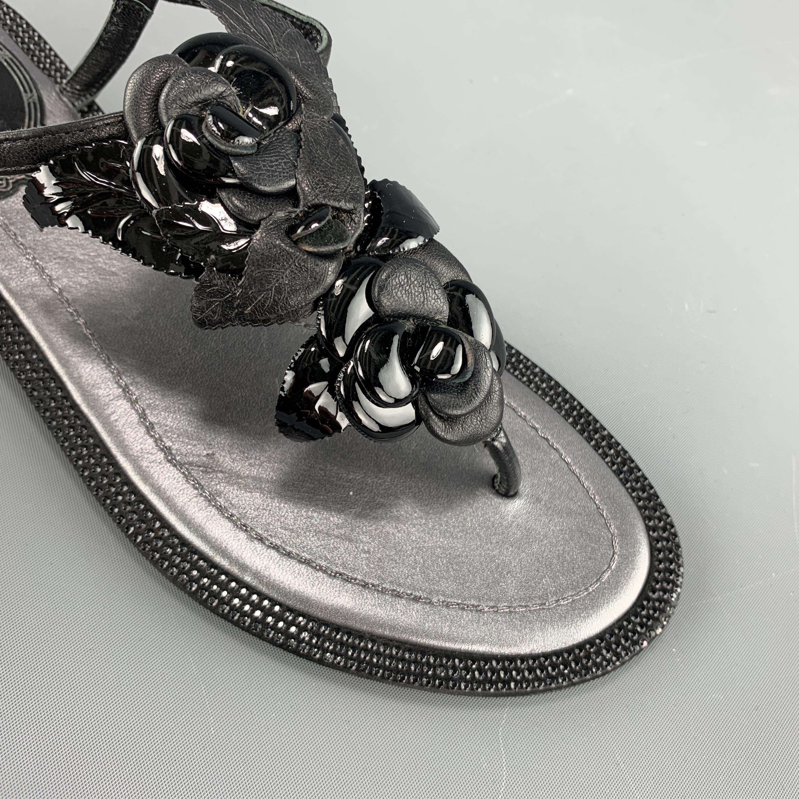 Women's RENE CAOVILLA Size 4 Black Leather Rose T Strap Crystal Studded Sandals