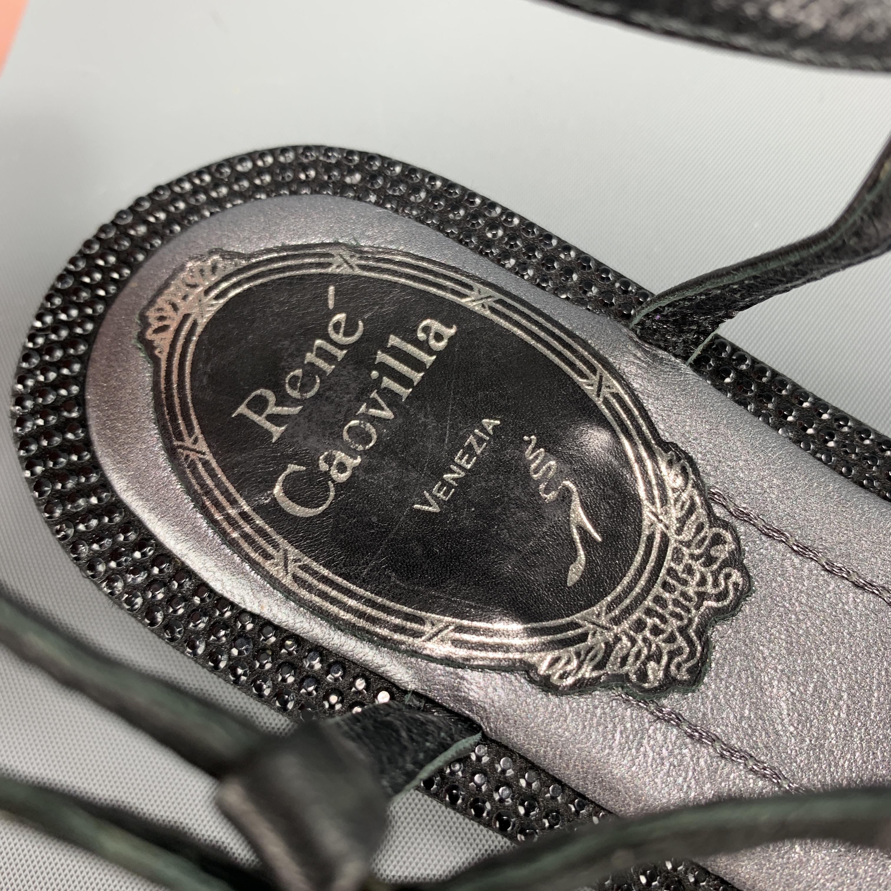 RENE CAOVILLA Size 4 Black Leather Rose T Strap Crystal Studded Sandals 1
