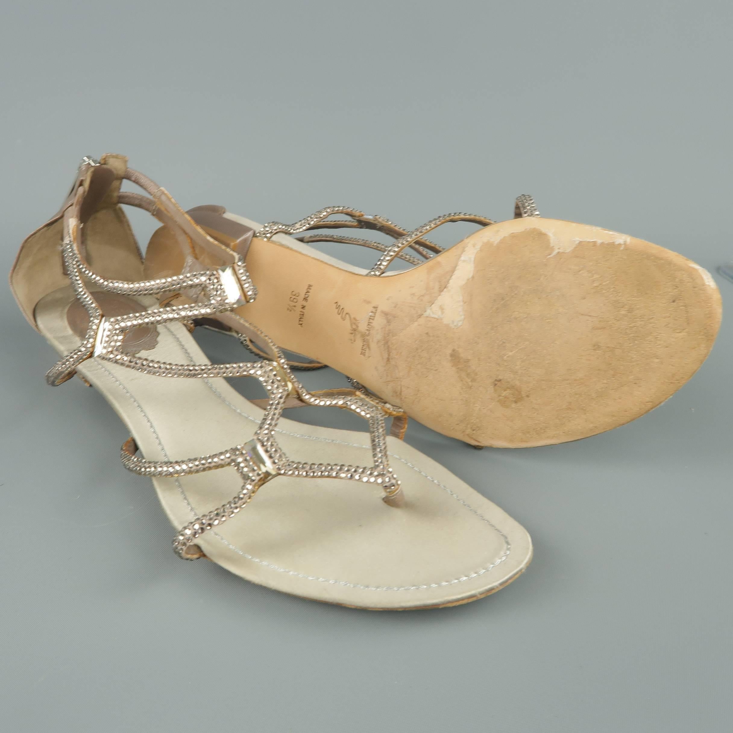Women's RENE CAOVILLA Size 9.5 Taupe Rhinestone Satin Leather Flat Sandals