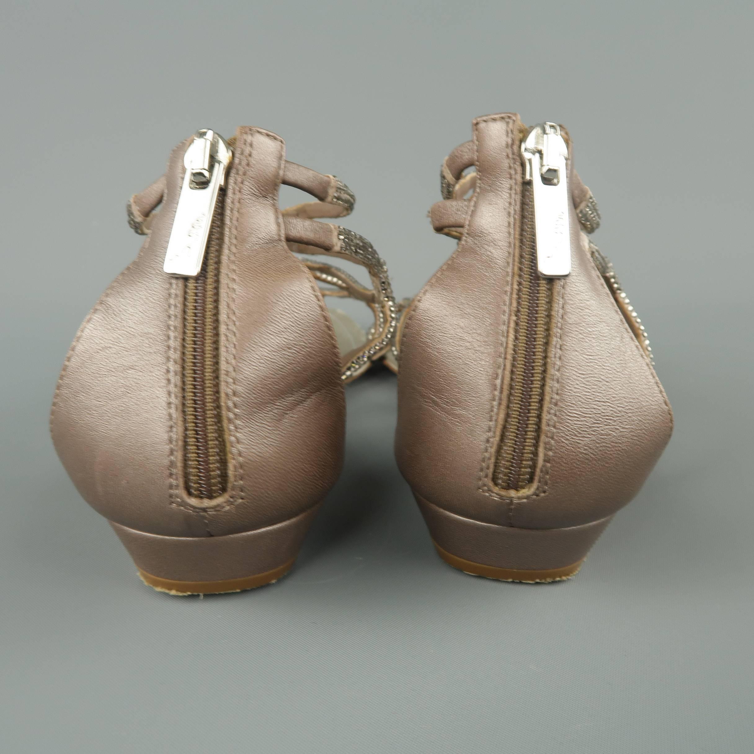 RENE CAOVILLA Size 9.5 Taupe Rhinestone Satin Leather Flat Sandals 3