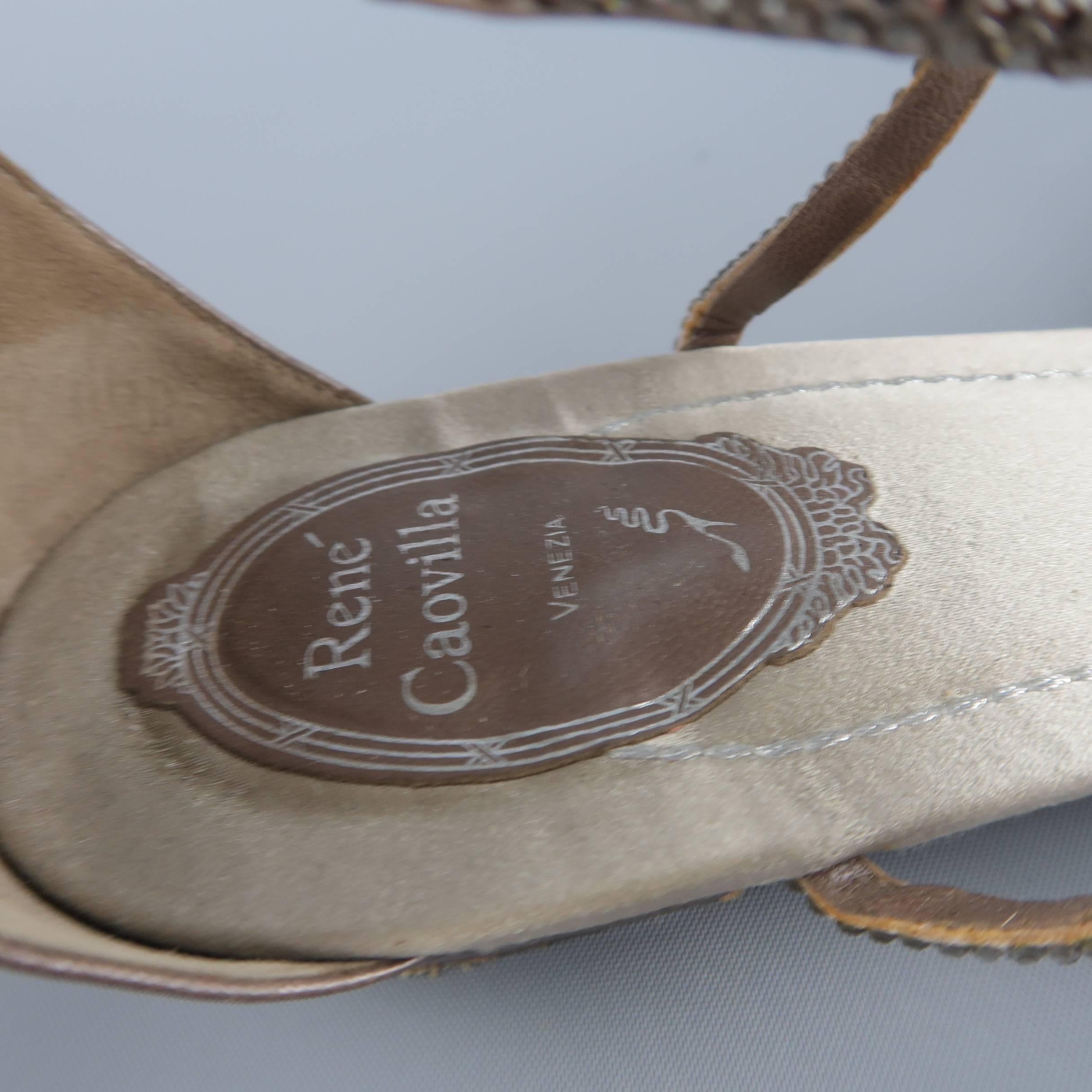 RENE CAOVILLA Size 9.5 Taupe Rhinestone Satin Leather Flat Sandals 5