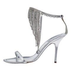 René Caovilla Sliver Leather Embellished Ankle Strap Sandals Size 39