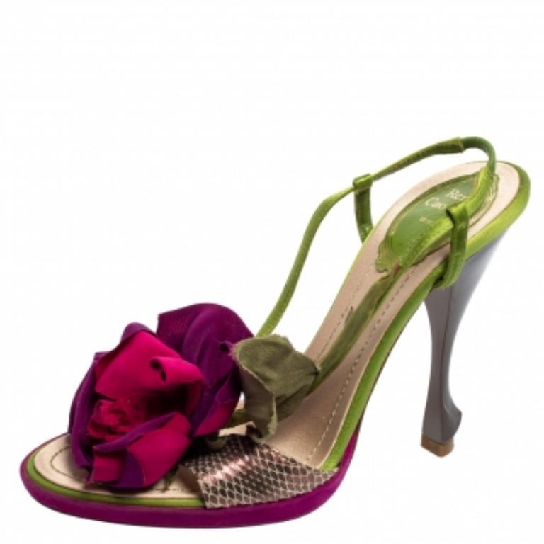 Women's René Caovilla Snakeskin Leather and Flower Applique Slingback Sandals Size 37