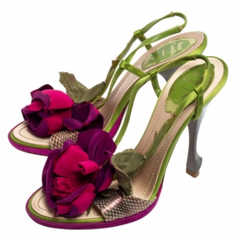 René Caovilla Snakeskin Leather and Flower Applique Slingback Sandals Size 37 1