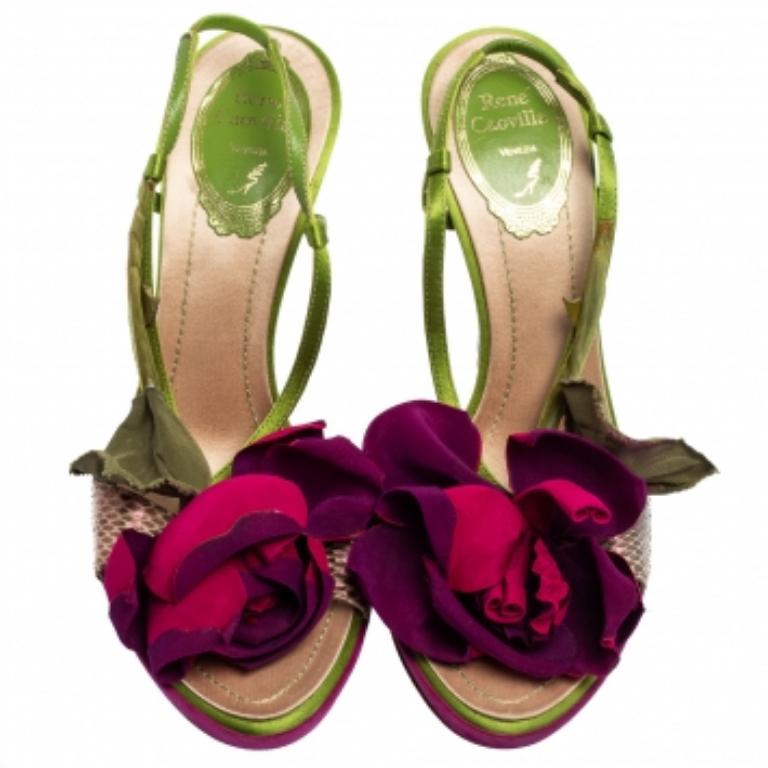 René Caovilla Snakeskin Leather and Flower Applique Slingback Sandals Size 37 2