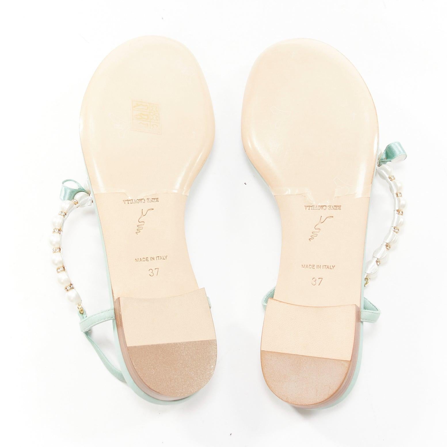 RENE CAOVILLA teal leather bow crystal pearl tstrap flat sandals EU37 For Sale 6