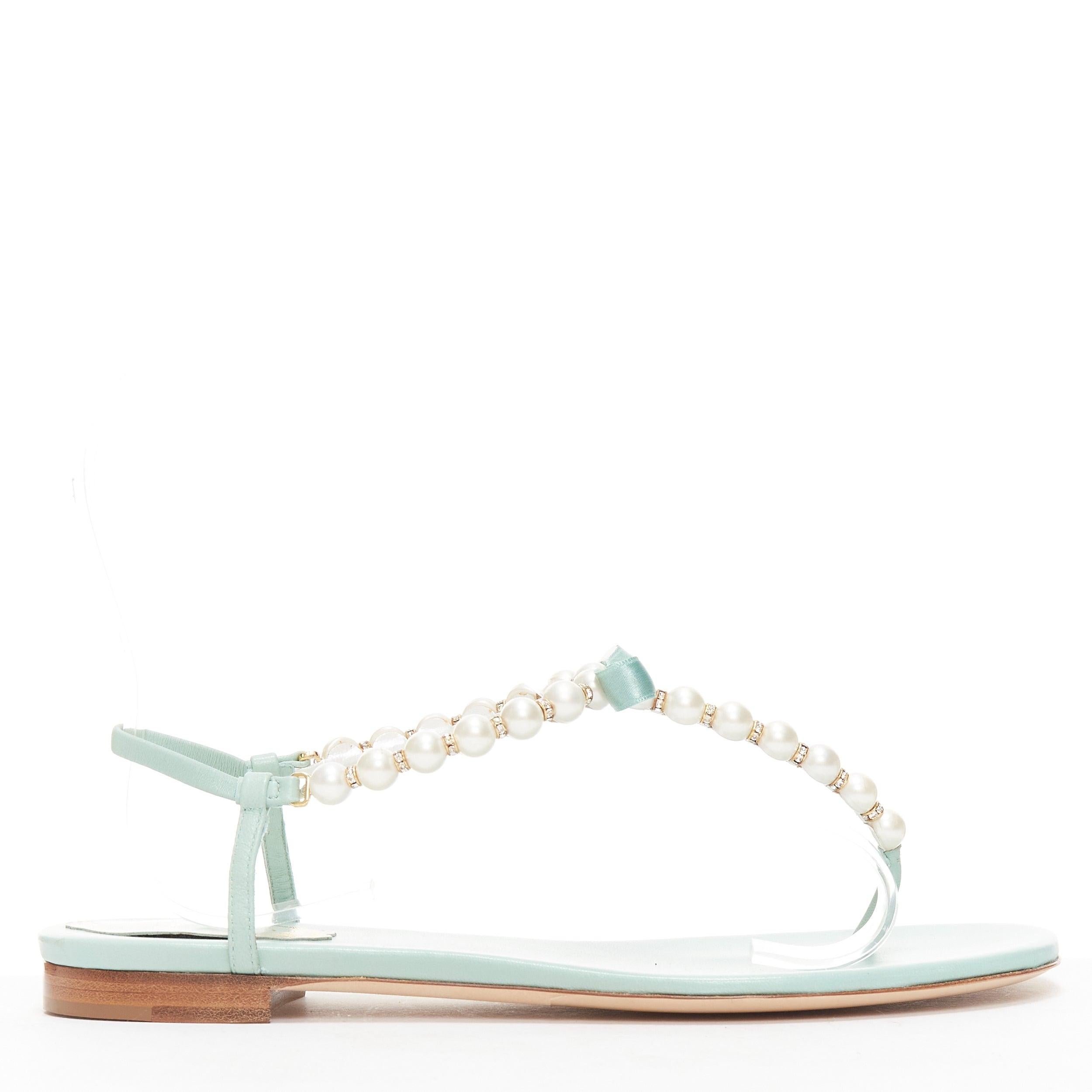 Gray RENE CAOVILLA teal leather bow crystal pearl tstrap flat sandals EU37 For Sale