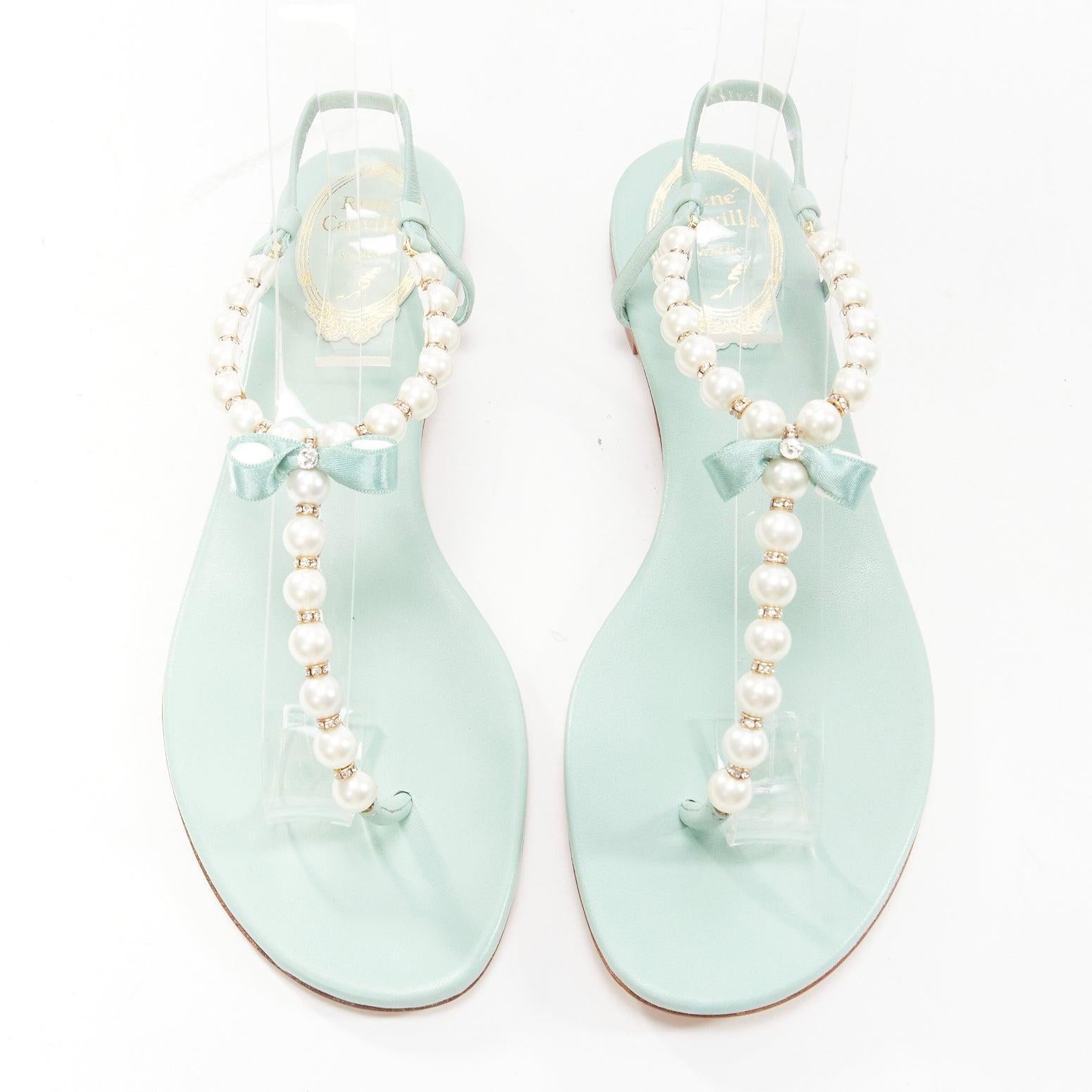 RENE CAOVILLA teal leather bow crystal pearl tstrap flat sandals EU37 In Excellent Condition For Sale In Hong Kong, NT