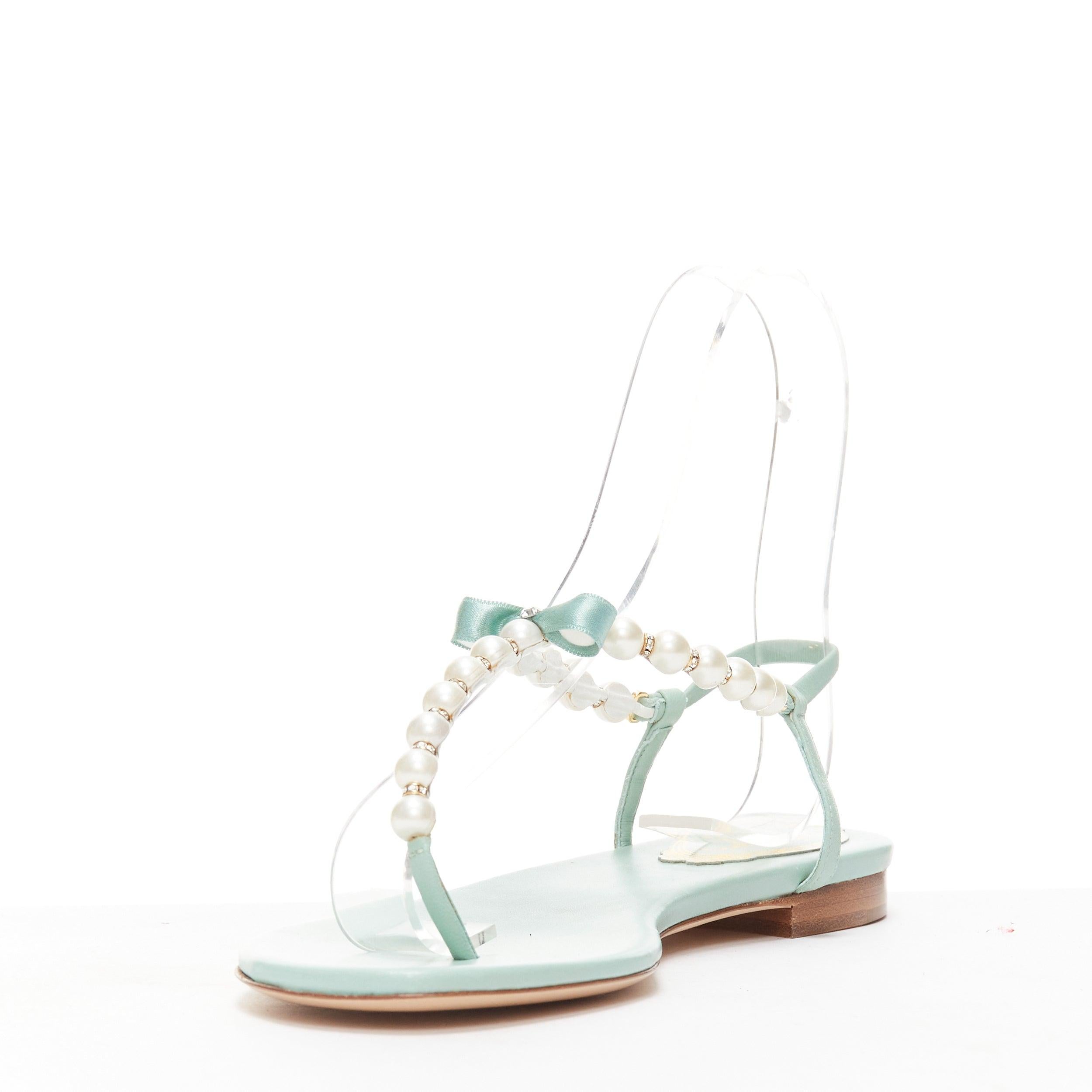 RENE CAOVILLA teal leather bow crystal pearl tstrap flat sandals EU37 In New Condition For Sale In Hong Kong, NT