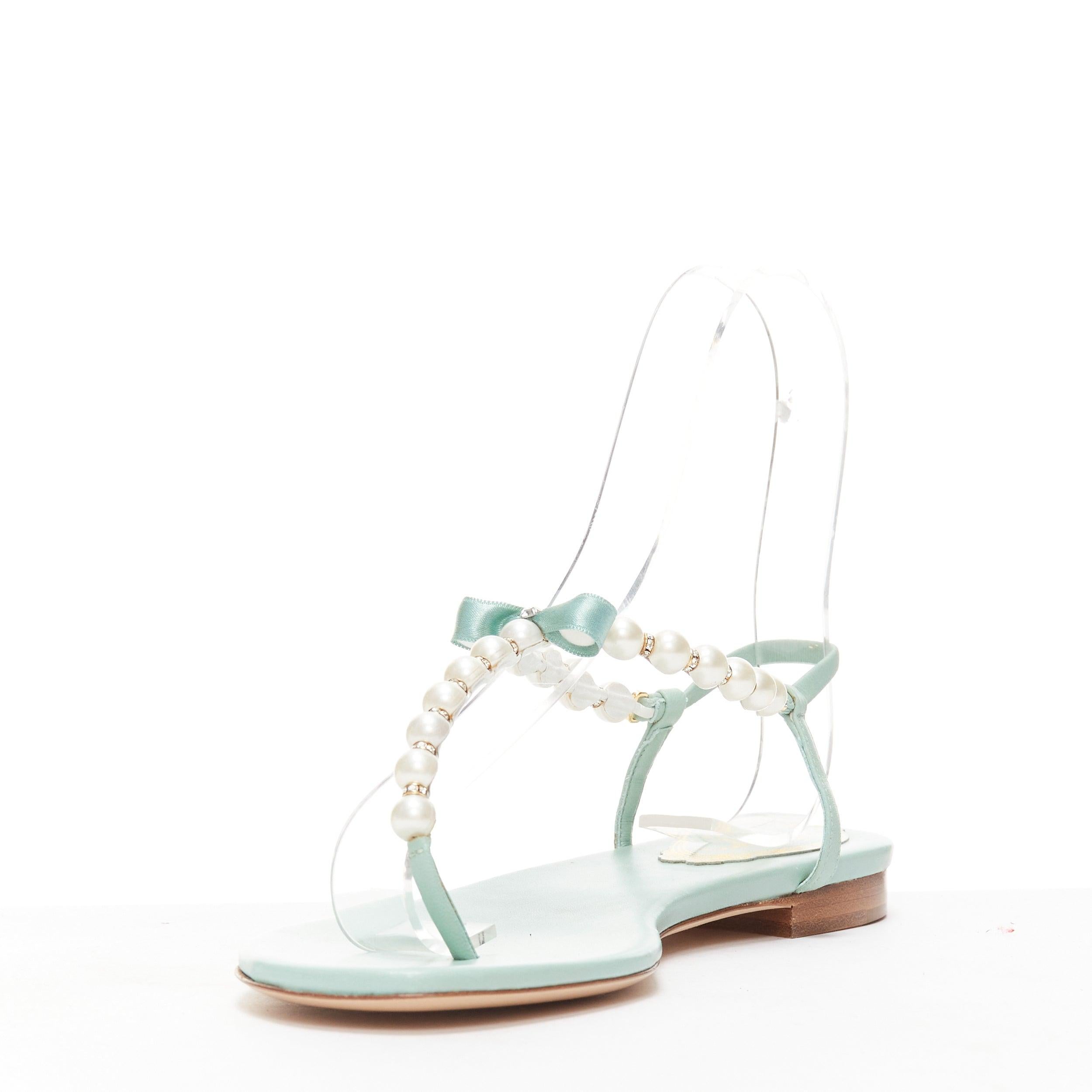 Women's RENE CAOVILLA teal leather bow crystal pearl tstrap flat sandals EU37 For Sale