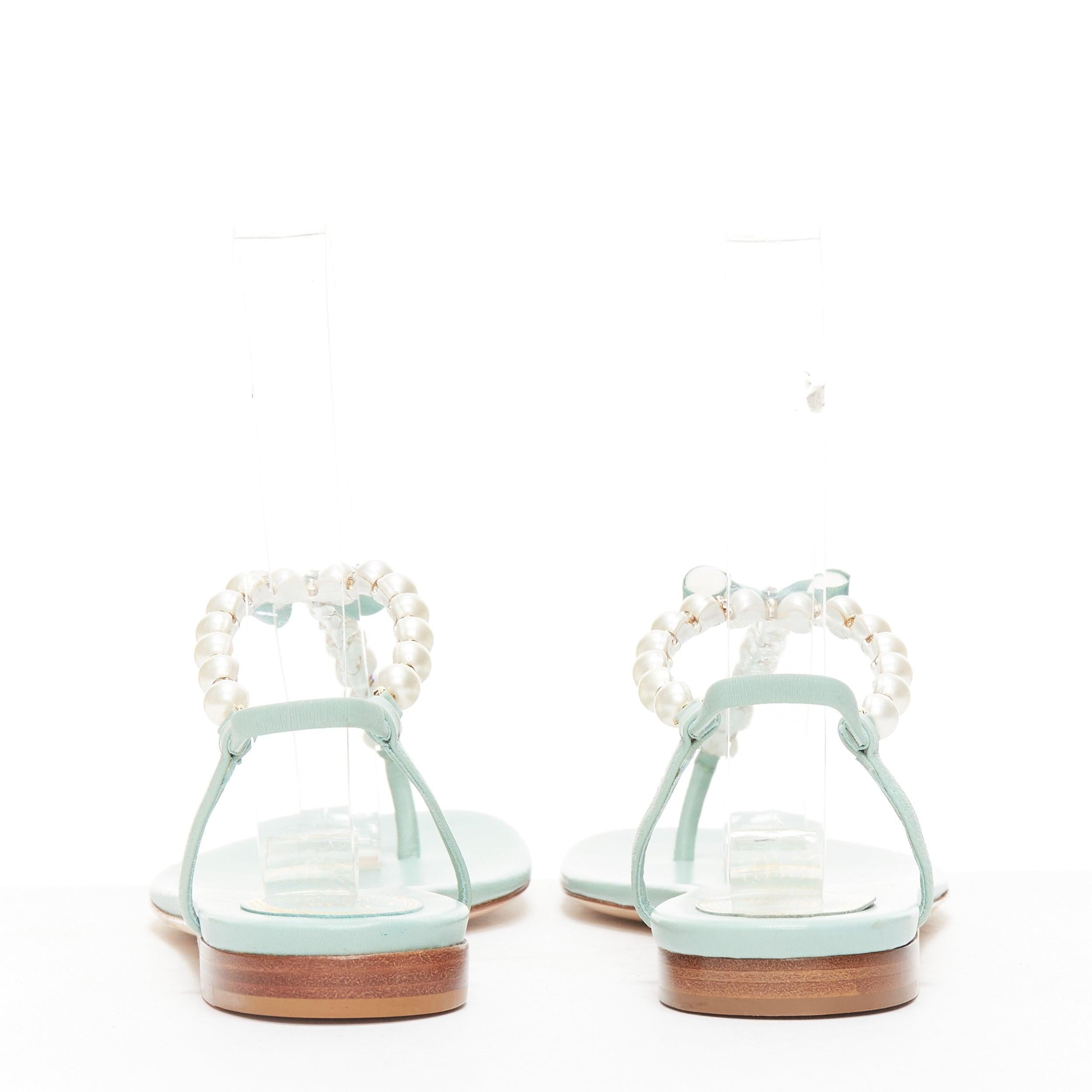 Women's RENE CAOVILLA teal leather bow crystal pearl tstrap flat sandals EU37 For Sale