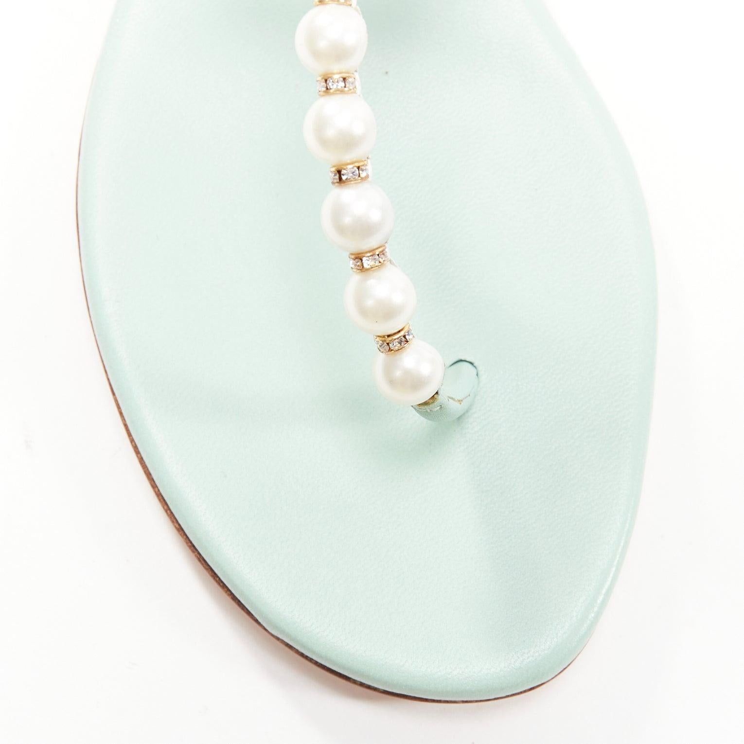 RENE CAOVILLA teal leather bow crystal pearl tstrap flat sandals EU37 For Sale 1