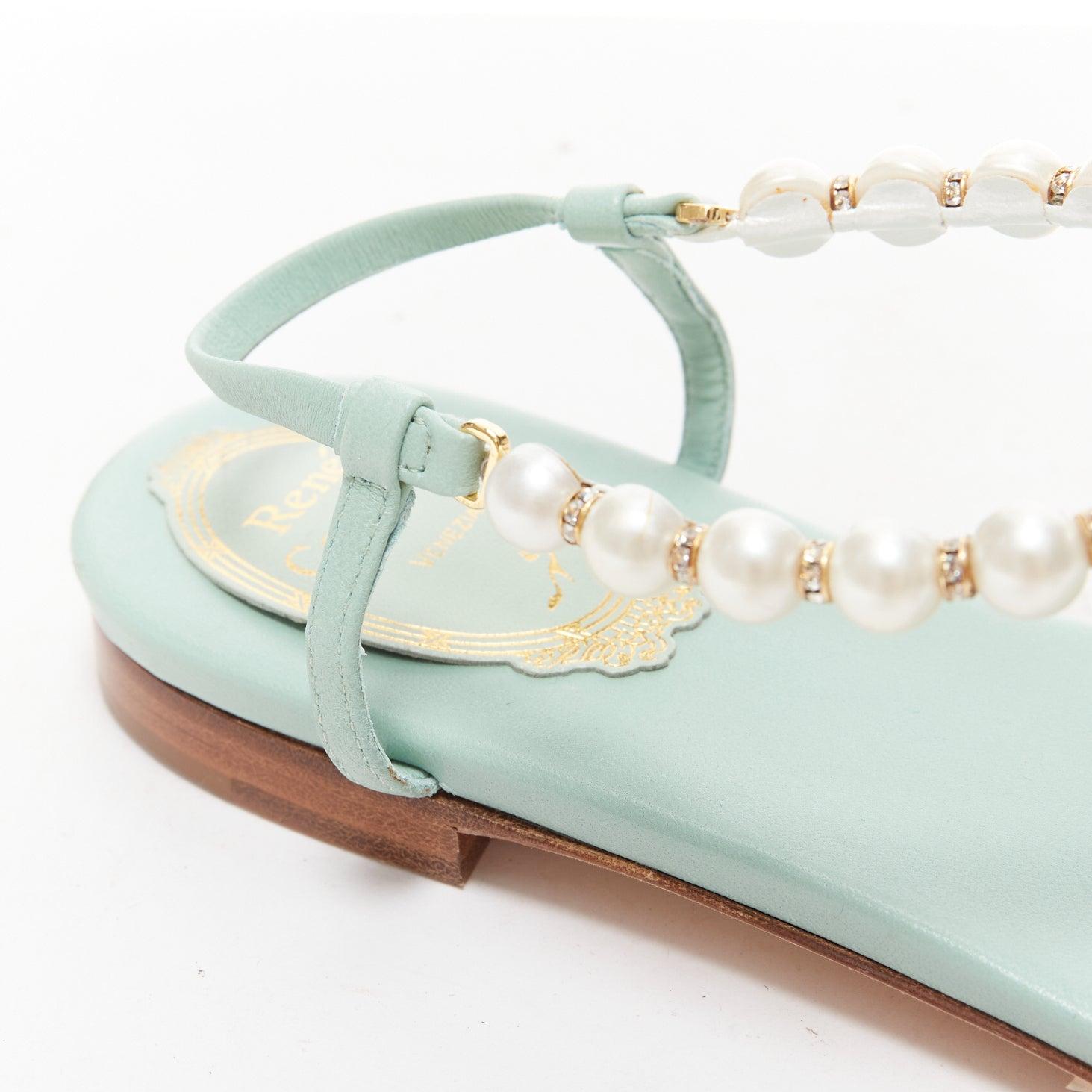 RENE CAOVILLA teal leather bow crystal pearl tstrap flat sandals EU37 For Sale 2