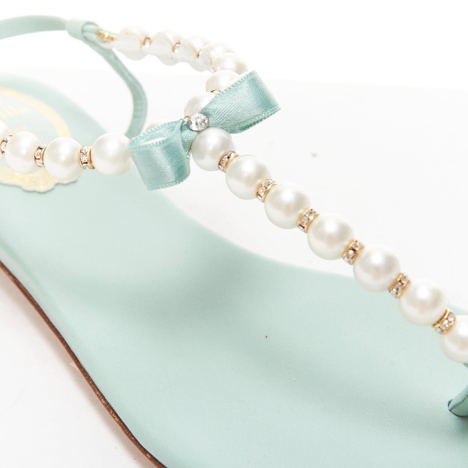 RENE CAOVILLA teal leather bow crystal pearl tstrap flat sandals EU37 For Sale 3