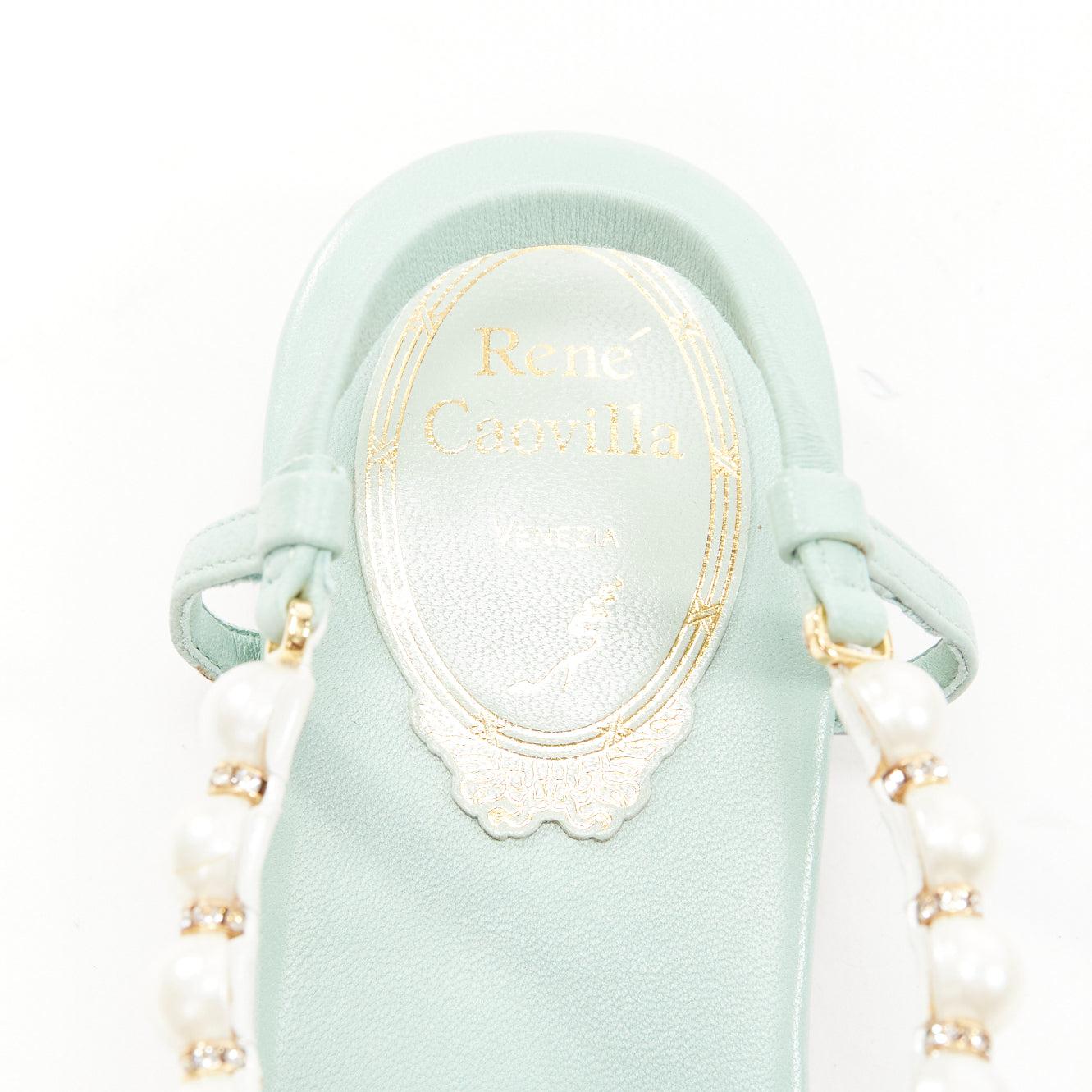 RENE CAOVILLA teal leather bow crystal pearl tstrap flat sandals EU37 For Sale 4